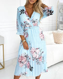 Floral Print V Neck Three Quarters Sleeve Midi Dress Casual A Line Pleated Dress with Belt