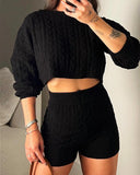 2 Piece Crewneck Long Sleeve Cable Knit Crop Sweater High Waist Shorts Tracksuits Outfits