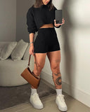 2 Piece Crewneck Long Sleeve Cable Knit Crop Sweater High Waist Shorts Tracksuits Outfits