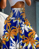 Coconut Tree Print Shirred Wide Leg Pants