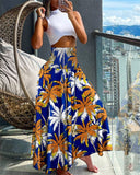 Coconut Tree Print Shirred Wide Leg Pants