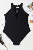 Black Halter Mesh Insert Knotted Back One Piece Plus Size Swimsuit