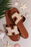 Coffee Faux Raffia Detail Hollowed Open Toe Slippers