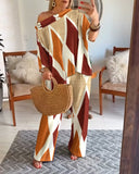 2 Pieces Outfit Plants Print Cold Shoulder Batwing Sleeve Top and Casual Wide Leg Pants Set