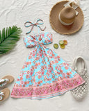 Floral Print Halter Tied Detail Elastic Shirred Back Mini Dress Casual A Line Dress