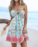 Floral Print Halter Tied Detail Elastic Shirred Back Mini Dress Casual A Line Dress