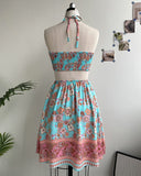 Floral Print Halter Tied Detail Elastic Shirred Back Mini Dress Casual A Line Dress