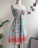 Floral Print Halter Tied Detail Elastic Shirred Back Mini Dress Casual Hollow Out A Line Vacation Dress