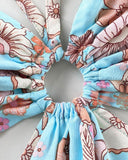 Floral Print Halter Tied Detail Elastic Shirred Back Mini Dress Casual Hollow Out A Line Vacation Dress