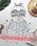 Floral Print Halter Tied Detail Elastic Shirred Back Mini Dress Casual Hollow Out A Line Vacation Dress
