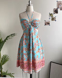 Floral Print Halter Tied Detail Elastic Shirred Back Mini Dress Casual Hollow Out A Line Vacation Dress