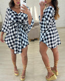 Plaid Print Batwing Sleeve Tied Detail Mini Dress