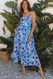 Blue Floral Printed Spaghetti Strap Maxi Dress with Waist Tie