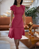 Butterfly Sleeve Hollow out Back Shirred Work Dress Casual Cinched Waist Lace Trim Ruffle Hem Dress