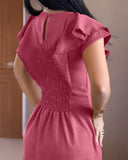 Butterfly Sleeve Hollow out Back Shirred Work Dress Casual Cinched Waist Lace Trim Ruffle Hem Dress