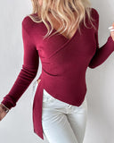 V Neck Long Sleeve Ruched Asymmetrical Hem Knit Sweater