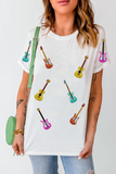 White Guitar Patched Graphic Crew Neck Tee