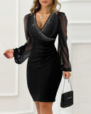 Chiffon Long Sleeve V Neck Bodycon Dress Rhinestone Decor Mini Dress