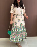 2 Pieces Outfit Tribal Print Short Sleeve Top and Casual Ruffles Hem Skirt Set