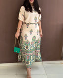 2 Pieces Outfit Tribal Print Short Sleeve Top and Casual Ruffles Hem Skirt Set
