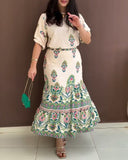 2 Pieces Outfit Tribal Print Short Sleeve Top and Casual Ruffles Hem Skirt Set