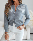 Floral Applique & Pearls Decor Round Neck Single Breasted Knit Cardigan Casual Sweater Coat