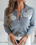 Floral Applique & Pearls Decor Round Neck Single Breasted Knit Cardigan Casual Sweater Coat