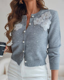 Floral Applique & Pearls Decor Round Neck Single Breasted Knit Cardigan Casual Sweater Coat