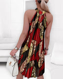 Floral Leopard Print Halter Sleeveless Ruched Cold Shoulder A Line Dress Vacation Dress