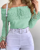 Off Shoulder Guipure Lace Frill Hem Drawstring Top