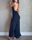 Plain Halter Hollow Out Waist Jumpsuit Sexy Slit Backless Romper