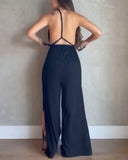 Plain Halter Hollow Out Waist Jumpsuit Sexy Slit Backless Romper