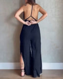 Plain Halter Hollow Out Waist Jumpsuit Sexy Slit Backless Romper
