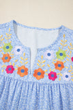 Sky Blue Floral Embroidered Puff Sleeve Notched V Neck Blouse