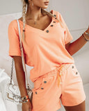 Button Decor V Neck Top & Drawstring Pocket Design Shorts Set