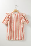 Red Frilled Short Puff Sleeve Mixed Print Blouse