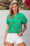 Bright Green Mardi Gras Sequin Graphic Notched Neck Textured Blouse