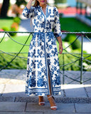 Floral Print V Neck Slit Dress with Belt