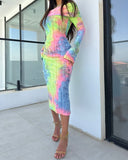Ombre Print Off Shoulder Long Sleeve Knit Bodycon Dress Casual Hollow Out High Strechy Midi Dress