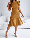 Butterfly Sleeve Hollow out Back Shirred Work Dress Casual Cinched Waist Lace Trim Ruffle Hem Dress