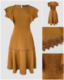 Butterfly Sleeve Hollow out Back Shirred Work Dress Casual Cinched Waist Lace Trim Ruffle Hem Dress