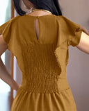Butterfly Sleeve Hollow out Back Shirred Work Dress Casual Cinched Waist Lace Trim Ruffle Hem Dress