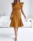 Butterfly Sleeve Hollow out Back Shirred Work Dress Casual Cinched Waist Lace Trim Ruffle Hem Dress