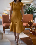 Butterfly Sleeve Hollow out Back Shirred Work Dress Casual Cinched Waist Lace Trim Ruffle Hem Dress