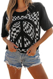 Black Checkerboard Peace Sign Printed Round Neck T Shirt