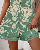 Floral Print Bandeau Shirred Rompers Casual Button Decor Tied Waist Short Jumpsuit