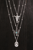 Silvery Western Steer Cactus Pendant Adjustable Multi Layer Necklace