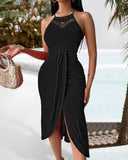 Halter Hollow out A Line Sleeveless Front Slit Ruched Maxi Dress Vacation Dress