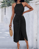 Halter Hollow out A Line Sleeveless Front Slit Ruched Maxi Dress Vacation Dress