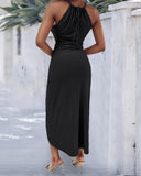 Halter Hollow out A Line Sleeveless Front Slit Ruched Maxi Dress Vacation Dress